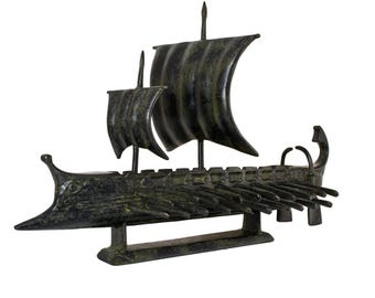Ancient Greek Trireme Warship Bronze Statue Double Sail Classical Naval Ship Sculpture