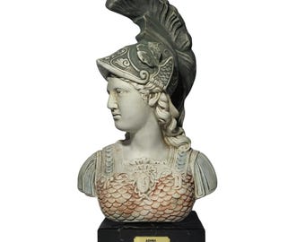 Athena Minerva Bust Ancient Greek Goddess Colored Patina Sculpture With Marble Base