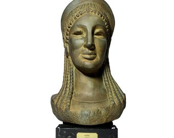 Archaische Kore Griechische Jungfrau Büste Bronze Patina Antike Skulptur Mit Marmorsockel