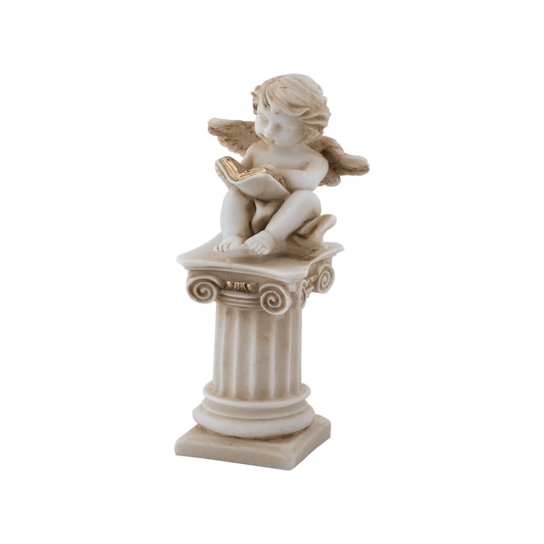 5.12 Baby Angel on Column Read a Book Greek Handmade Alabaster Statue 13cm
