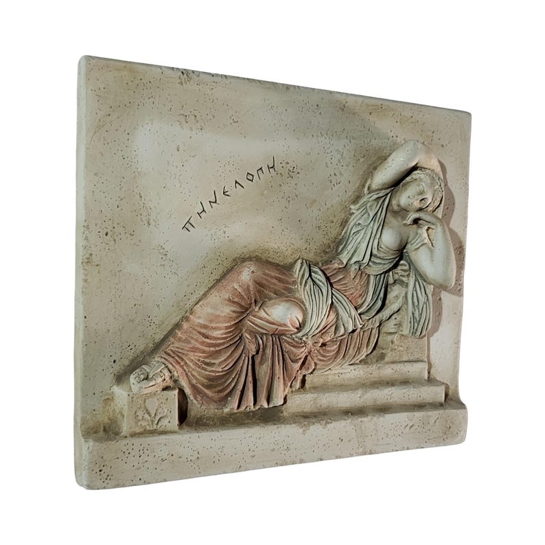 May include: A rectangular, off-white relief sculpture depicting a reclining classical figure. The figure, in draped garments, rests on a tiered platform. The Greek word "&Pi;&Eta;&Nu;&Epsilon;&Lambda;&Omicron;&Pi;&Eta;" is inscribed above. The sculpture has a weathered appearance.