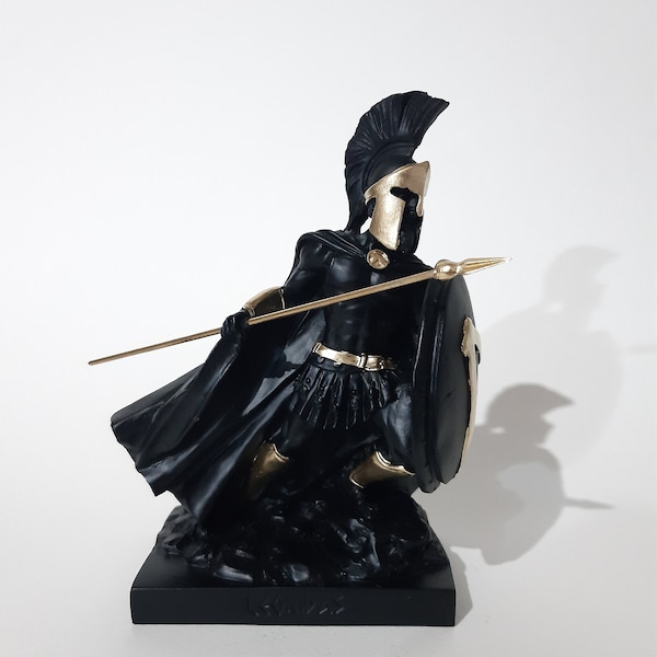 LEONIDAS Statue Roi d'Albâtre Spartiate Sculpture noire faite à la main 16cm
