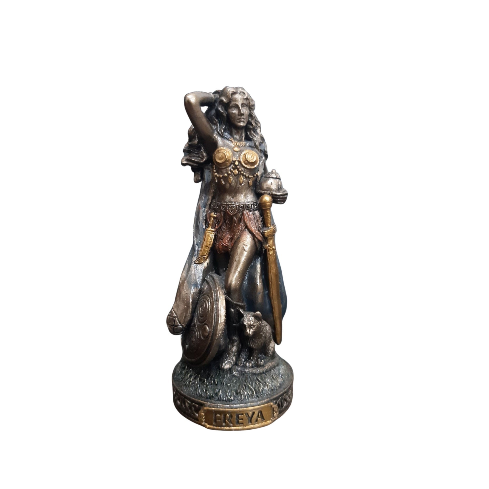 Figurine / Statuette de Freya Freyja en résine avec ses deux lynx