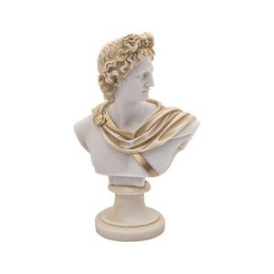 Apollo Bust Head Sculpture Greek Roman Mythology God Handmade Alabaster Archaic Finish Statue 32cm