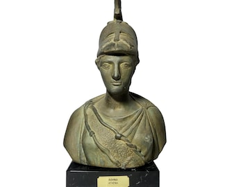 Athena Minerva Bust Ancient Greek Roman Goddess Bronze Patina Sculpture With Marble Base