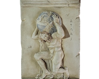 May include: A rectangular, off-white relief sculpture depicting Atlas kneeling and supporting a globe. The globe is light blue and white, and the figure has a brown beard. The word "ATLAS" is written vertically on the right side of the sculpture.