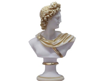 Small Apollo Bust Sculpture Greek Roman Mythology God Handmade Alabaster Archaic Finish Statue 10cm