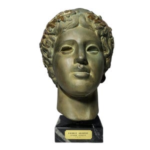 Ephebe Athlete Head Sculpture Ancient Greek Youth Patina Bust Statue Marble Base Decor