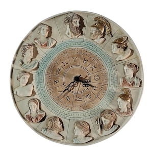 Puede incluir: Un reloj redondo de color crema con un tema zodiacal. La esfera del reloj presenta los doce signos del zodíaco, cada uno con un dios o diosa griego correspondiente. Las manecillas del reloj son negras y los números son en números romanos.