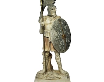 古代ギリシャのスパルタ戦士像（兜、盾、槍を装備）、ブロンズ金属彫刻