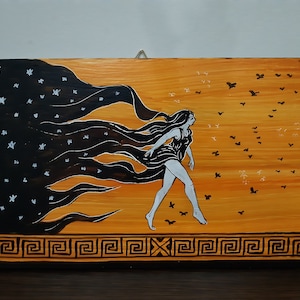 Nyx Goddess of night Handmade Greek Wall Painting on Wood 25cm