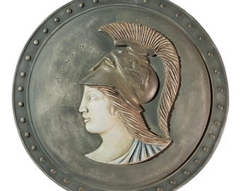 Athena Goddess Wall Plaque Round Shield Shape – Greek Roman Mythology Relief Sculpture