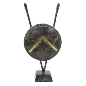 Bronze Spartan Lambda Schild Skulptur Griechischer Krieger Emblem Marmorsockel Handgefertigt Dekor