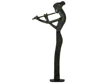 Ancient Greek Woman Bronze Sculpture Standing Playing Flute Handmade Craft Statue 15cm