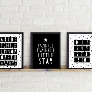 Set of 3 Black and White Nursery Decor, Alphabet, Numbers, Twinkle Twinkle Little Star Printable, Playroom Decor, Nursery Wall Art, Kids