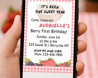 Berry First Birthday Invitation: Customizable Girl 1st Birthday (Digital Download)