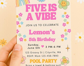 Groovy Birthday Invitation: Customizable Five is a Vibe Girl Party, Birthday Theme (Digital Download)