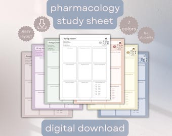 Pharmacology Drug Study Sheet | Medication Review Template for Nursing, Pharmacy, Medical Students | 7 Colors PDF