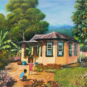 Yard game 13" x 17",Yellow, House, Trees, Fruit, Animal, Boy, Girl, Flowers, Mountain, Blue, Caribbean,Banana, Goat, Breadfruit, Yard, Zink