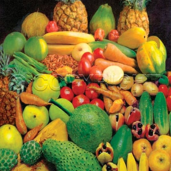 Tropical Fruits, 13" x 17", Jamaica,  Pine, Orange, Peas, Carrot, Ackee, Coconut, Breadfruit, Sour sop, Sweet sop, Pumpkin, Cucumber, Pepper