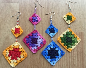 Vintage Style Lace Crochet Earrings - 2 Granny Squares with beads / boho earrings / hippie earrings