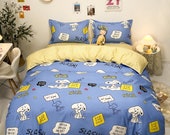Snoopy Bedding Set, Blue Bedding Yellow Flat Sheet, Kawaii Dorm Bedding, Aesthetic Bedding, Kids Duvet Cover King Queen Full Twin Single