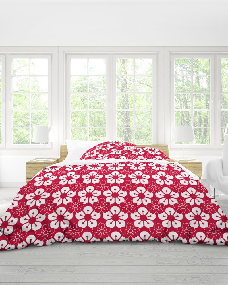 Red King Duvet Cover Cherry Blossoms Japanese Design Duvet Etsy