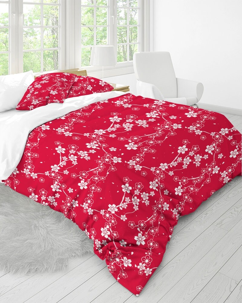 Red Duvet Cover Set Cherry Blossoms Dorm Bedding Set with Etsy
