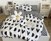 Cute Hearts Bedding Set, Black and White Bedding, Kawaii Dorm Bedding, Aesthetic Bedding, Kids Duvet Cover King Queen Full Twin Single