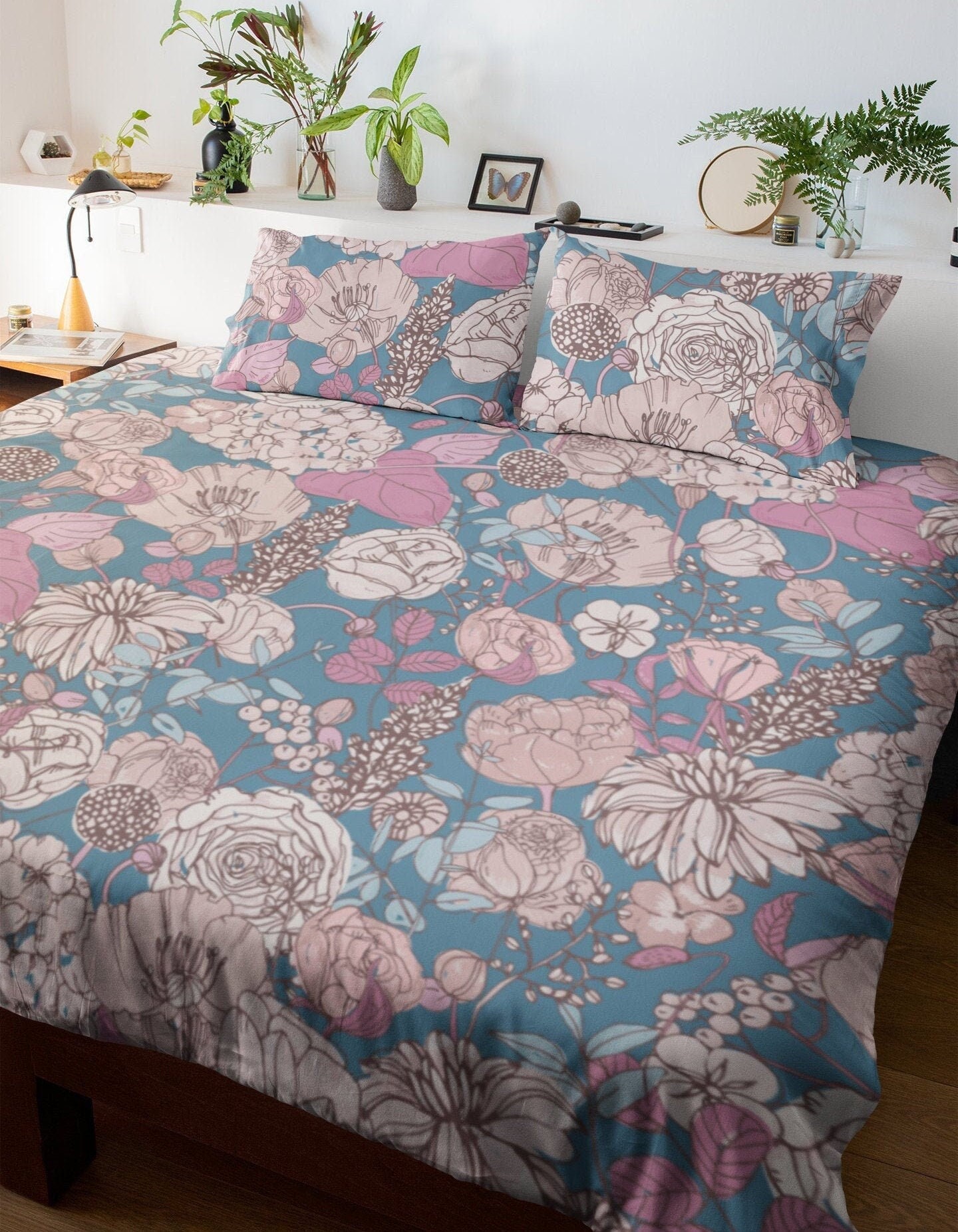 Blue Duvet Cover Set with Pink Hand drawn Flowers Bedding Etsy