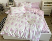 Pink Hearts Bedding Set, Checkered Bedding Flat Sheet, Kawaii Dorm Bedding, Aesthetic Bedding, Kids Duvet Cover King Queen Full Twin Single