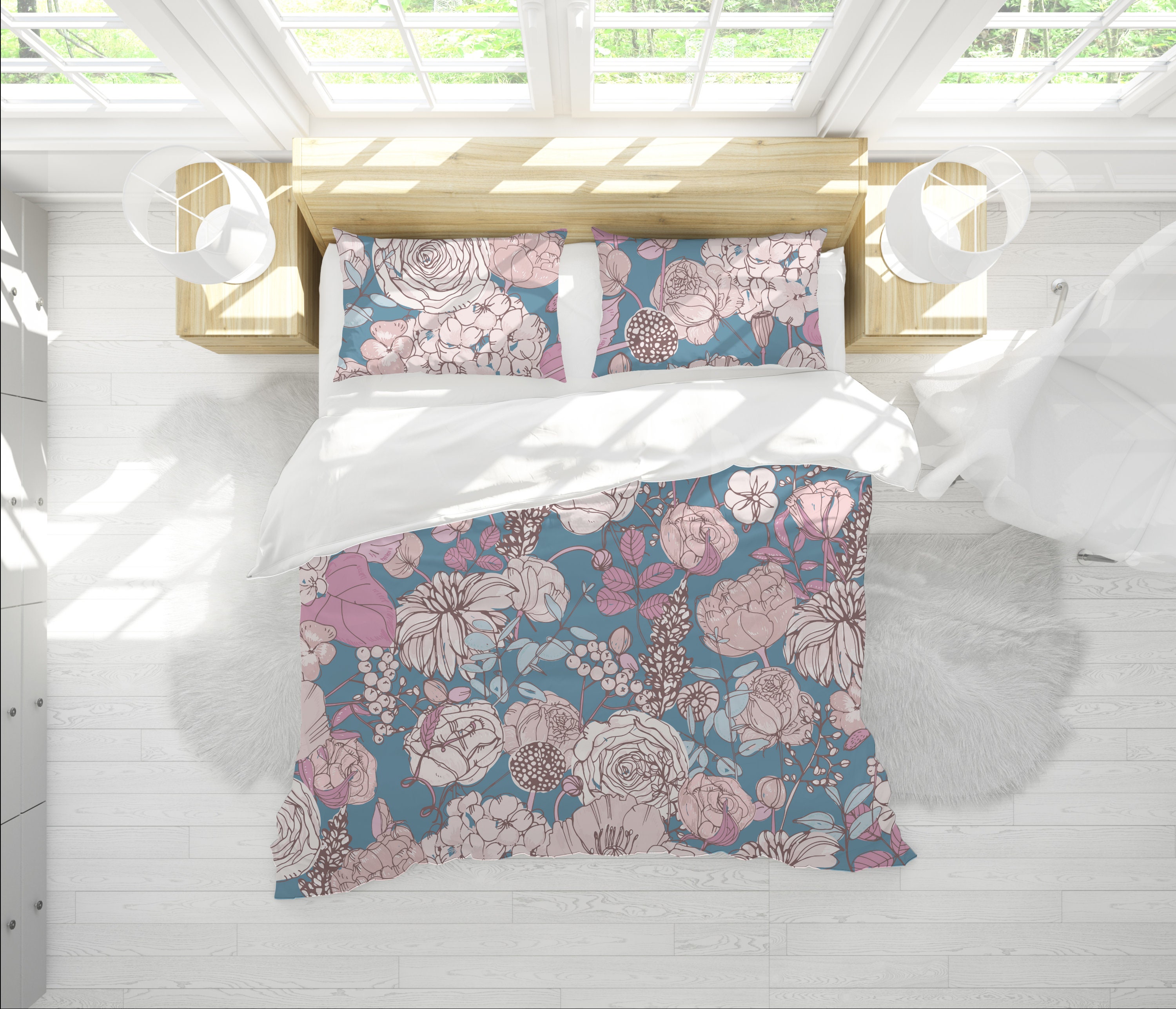 Blue Duvet Cover Set with Pink Hand drawn Flowers Bedding Etsy