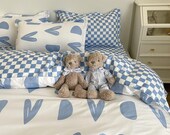 Cute Hearts Bedding Set, Light Blue Bedding Flat Sheet, Kawaii Dorm Bedding, Aesthetic Bedding, Kids Duvet Cover King Queen Full Twin Single