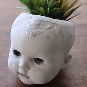 May include: A white porcelain doll head planter with a green and brown succulent plant growing out of the top.