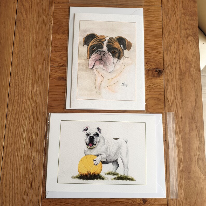 Duet of Bulldog with football and Bulldog Portrait Luxury blank greetings cardnotelet for use as A5 or A6 Poster Wall art gift.