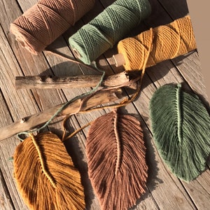 Puede incluir: Cuatro colgantes de pared de plumas de macramé en diferentes colores: amarillo mostaza, melocotón, verde y verde oscuro. Las plumas cuelgan de una rama de madera.