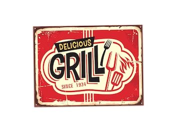 Puede incluir: Un letrero de metal de estilo vintage rojo y blanco con el texto "Delicious Grill Since 1934" y una silueta negra de un tenedor y una espátula para asar.