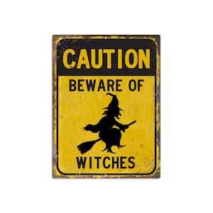 Caution Beware of Witches 12&quot; x 9&quot; Metal Sign | Halloween Decoration | Haunted House Prop