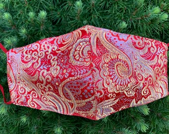 Silk Face Mask, Red, Yellow, Silver, Orange, Formal, USA Made. Washable, Artistic, Wedding, Party, Dress, Sari. Holiday Christmas Gift.