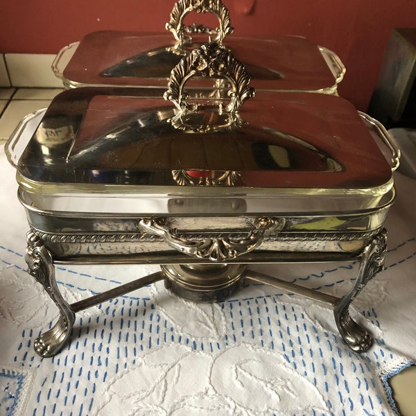 Silver dbl chaffing dish with fire king glass casseroles and lids