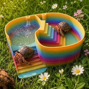 Op de afbeelding: Een kleurrijke, regenboogkleurige habitat voor heremietkreeften met een waterpartij en miniatuurtrappen. Twee heremietkreeften zijn zichtbaar, één op de trap en één aan de basis. De habitat staat in groen gras met kleine witte bloemen.