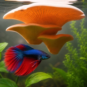 Puede incluir: Un vibrante pez Betta azul y rojo nada debajo de tres setas naranjas en un acuario. Las setas tienen una estructura en capas, en forma de abanico. Plantas acuáticas verdes son visibles en el fondo, creando una escena submarina.