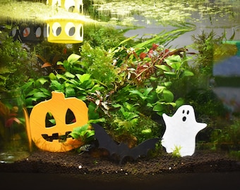 3D Printed Halloween Decoration For Aquarium. Fun Halloween Ornaments For Fish Tank. 3D Printed Pumpkin, Spooky Ghost and Bat For Halloween.