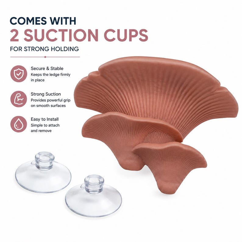 Puede incluir: Un estante en forma de abanico de color terracota con textura acanalada y dos ventosas de pl&aacute;stico transparente. El texto dice: COMES WITH 2 SUCTION CUPS FOR STRONG HOLDING, Secure & Stable, Strong Suction y Easy to Install.
