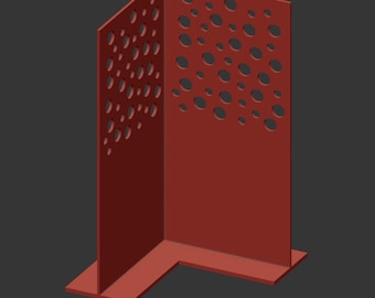 May include: A red corner room divider with a geometric pattern of circles cut out. The divider is made of a sturdy material and has a modern design.