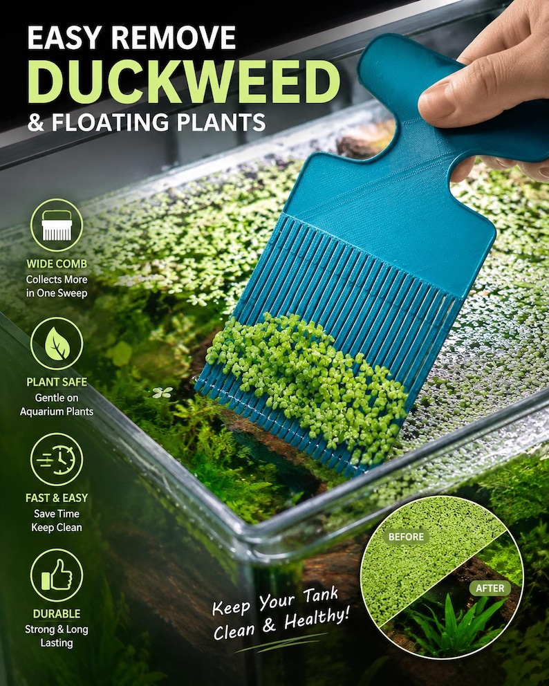 May include: A teal aquarium tool removes duckweed and floating plants from a glass tank. The tool has a wide comb design and is labeled "Easy Remove Duckweed & Floating Plants." The image includes a before and after comparison of the tank.
