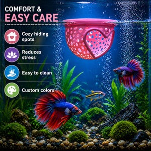 May include: A pink, heart-shaped aquarium hideaway floats in a fish tank. The hideaway has a perforated design and is surrounded by aquatic plants and colorful fish. Text reads "COMFORT & EASY CARE".