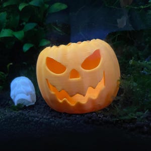 Peut inclure: Citrouille d'Halloween en plastique orange avec un visage effrayant sculpté. La citrouille est posée sur un lit de gravier noir.