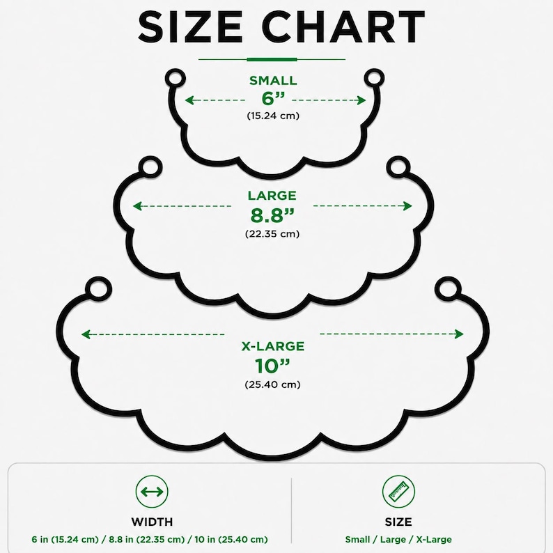 Puede incluir: Una tabla de tallas con tres formas festoneadas tipo nube etiquetadas como Small, Large y X-Large. La Small mide 15,24 cm, la Large mide 22,35 cm y la X-Large mide 25,40 cm. La tabla incluye iconos de ancho y tama&ntilde;o.