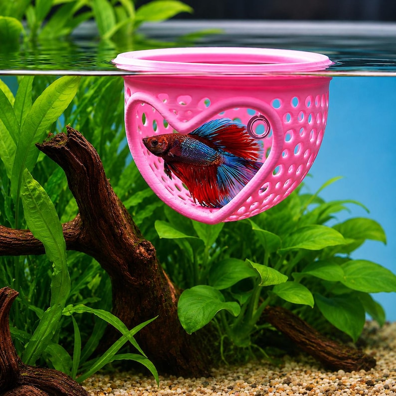 May include: A vibrant betta fish with red and blue fins is inside a pink heart-shaped aquarium breeder. The breeder is suspended in the water, surrounded by green plants and a piece of driftwood. The background is a light blue.